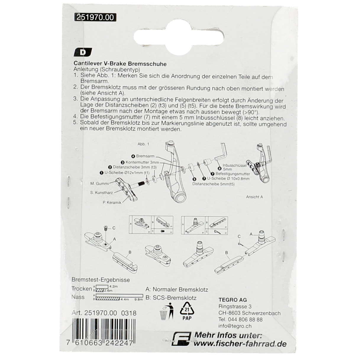 FISCHER Bremsschuhe V-Bremse schraubbar für Alu- und Stahlfelgen, Bremsbeläge, Bremsen, Ersatz- & Verschleißteile, Fahrradzubehör